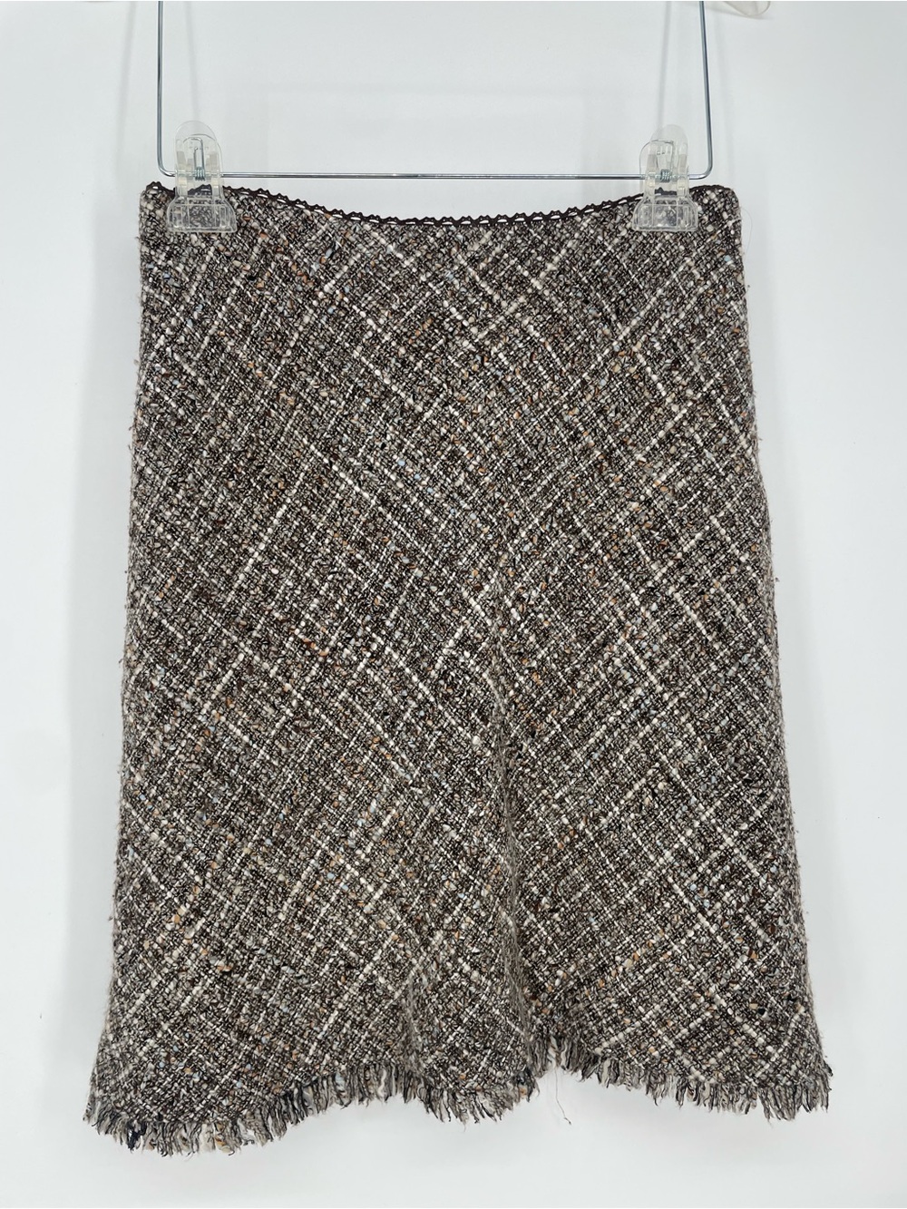 Kenneth Cole NY Wool Blend Brown Neutral Tweed Skirt W Fringe Trim Hem